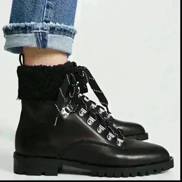 Rebecca‎ Minkoff Jaylin Fox Fur-Trimmed Chunky Leather Combat Boot Size 8.5 - Picture 1 of 8